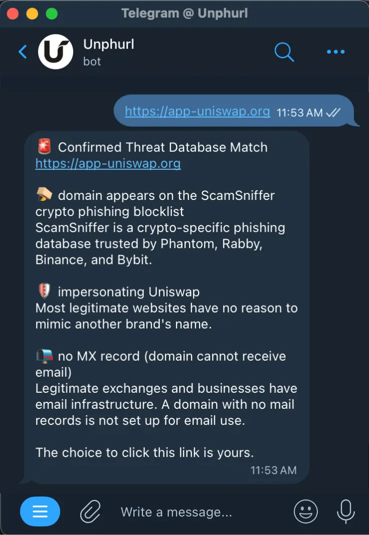Unphurl bot output for app-uniswap.org: Confirmed Threat Database Match, ScamSniffer listed, impersonating Uniswap, no MX record