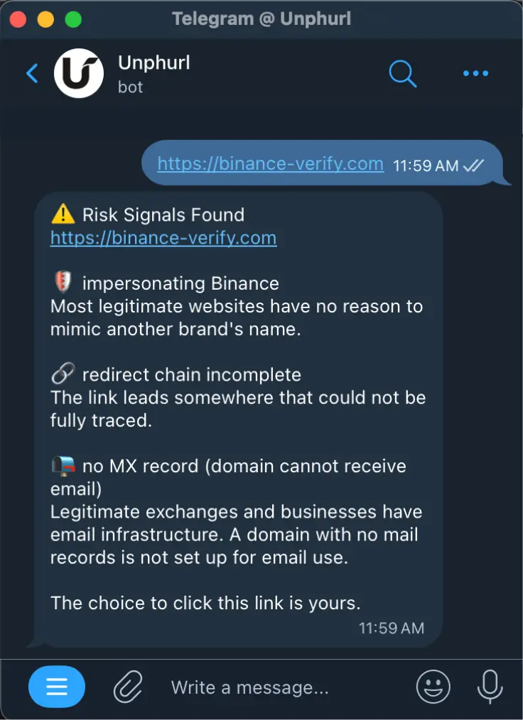 Unphurl bot output for binance-verify.com: Risk Signals Found, impersonating Binance, redirect chain incomplete, no MX record