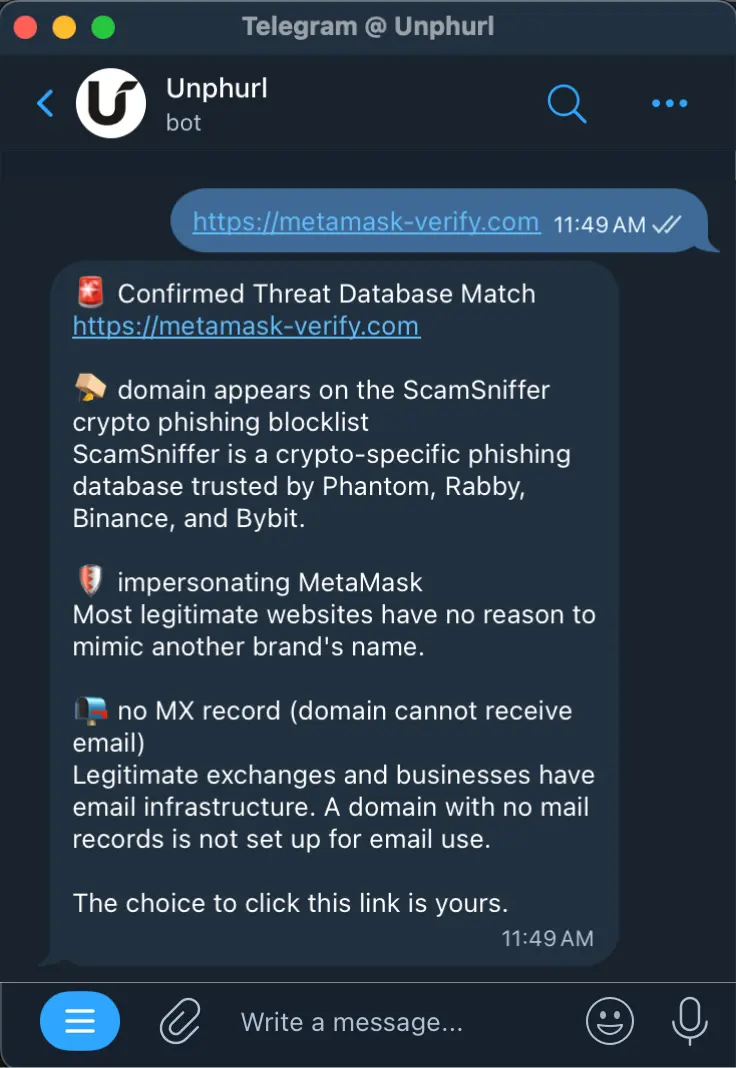 Unphurl bot output for metamask-verify.com: Confirmed Threat Database Match, ScamSniffer listed, impersonating MetaMask, no MX record