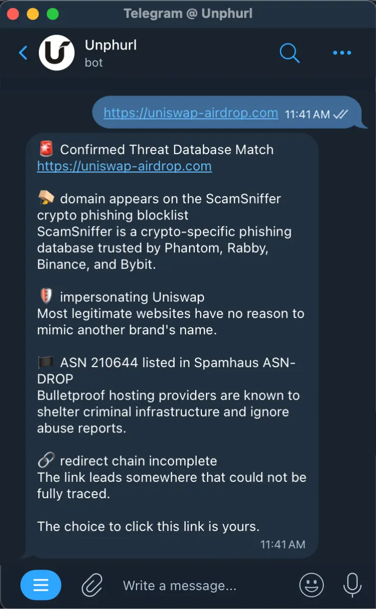 Unphurl bot output for uniswap-airdrop.com: Confirmed Threat Database Match, ScamSniffer listed, impersonating Uniswap, bulletproof hosting, redirect chain incomplete